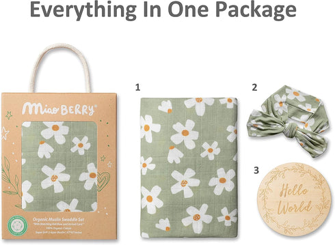 Set Girl|100% Miaoberry Daisy Garden Spring Floral Muslin Swaddle for Baby Organic Cotton Blanket with Matching