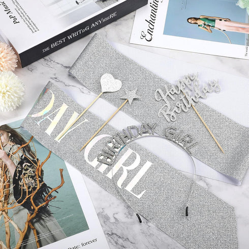 WILLBOND Glitter Birthday Sash, Tiara and Rhinestone Headband Set - Cake Topper Birthday Accessories (Silver Color)