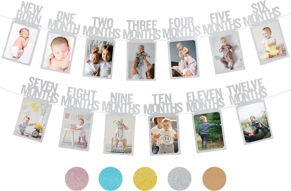 PartyHooman 1st Birthday Photo Banner for Baby, First Birthday Decorations Girl, Monthly Milestones Garland, Silver