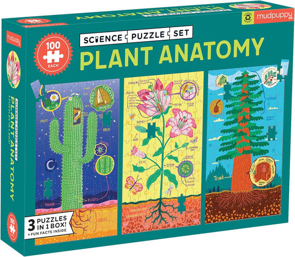 Mudpuppy Plant Anatomy Science Puzzle Set - Three 100-Piece Puzzles with Colorful Illustrations, Ages 6+