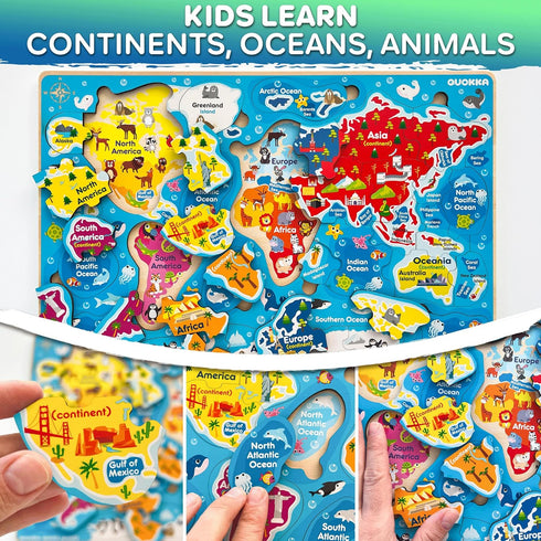 QUOKKA Wooden Puzzles for Kids Ages 4-6, 3 Educational Toddler Puzzles, USA, World, Space Maps, Gift for Boys and Girls