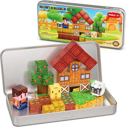 Farm Animal Magnetic Building Blocks Travel Toys, 35PCS Magnetic Cubes for Kids
