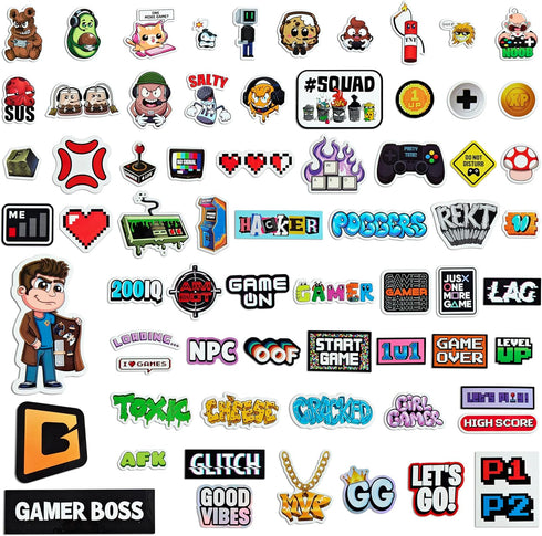 Video Game Themed Custom Vinyl Die-Cut Sticker Pack, Adhesive Decals for Laptop, Water Bottle, Journal, Phone (64 Pack)