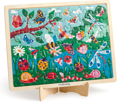 Mudpuppy Garden Life 100 Piece Wooden Puzzle with Display Stand, Bright Illustrations of Scenic Garden for Kids