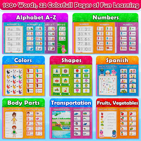 35 Counting, ABC Learning Sound Book for Toddlers Interactive Busy Book with English & Spanish, Alphabet, Music