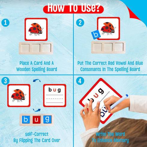 154 (5 PCS Wooden CVC Word Spelling Game, Short Vowel Spelling Flashcards Sight Words Flash Cards Montessori Early