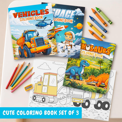 Set 3 48 ZICOTO Fun Coloring Books for Kids of Exciting Dinosaur, Space & Trucks Coloring Book for Boys Ages Easy