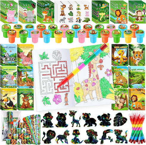 BenLouis 96Pcs Jungle Safari Party Favors Zoo Animals Coloring Books Crayons Sticker