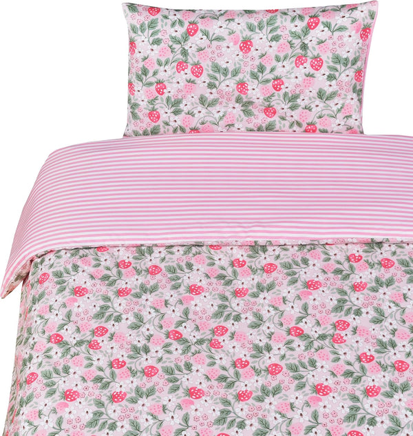 J-pinno Pink Strawberry Girls Cartoon Duvet Cover + Pillowcase Set, Zipper Closure, 100%