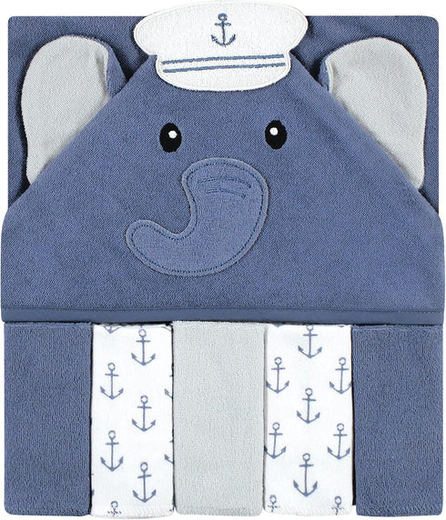 Hudson Baby Unisex Baby Hooded Towel and Five Washcloths, Sailor Elephant, One