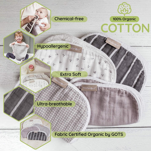 WeeSprout Unisex Organic Cotton Burp Cloths Set of 4, Ultra-Absorbent Layers, Button Transforms into Baby Bib, Machine