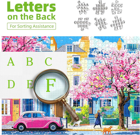 1000 (27.5" 19.7") Puzzles for Adults Pieces Urban Cherry Blossom Spring Street and Pink Vintage Car Art Jigsaw Puzzle