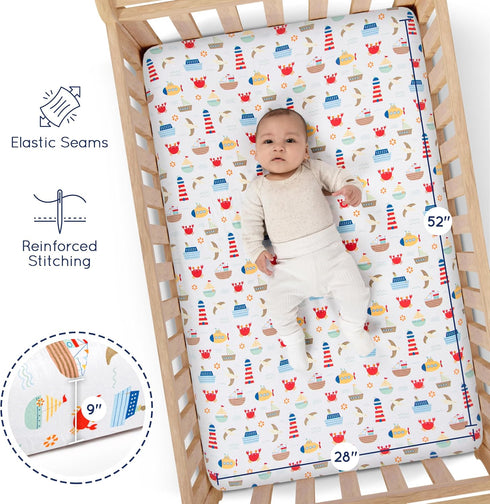 (3 Pack) (52" 28"), Set Set, GROW WILD Nautical & Ships Baby Crib Sheets for Boys - Jersey Knit Fitted Sheet x Toddler