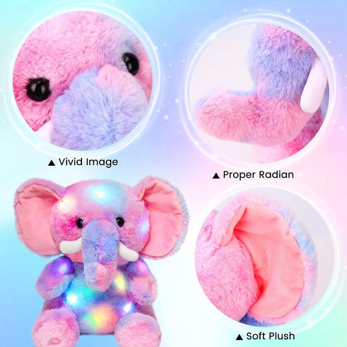 11'' Hopearl LED Plush Elephant Colorful Lighting Up Stuffed Animal Elephish Floppy Night Lights Glow in The Dark