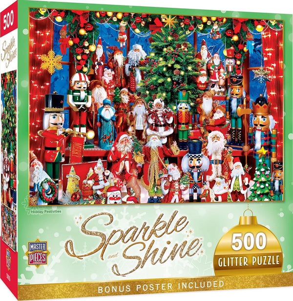 Masterpieces 500 Piece Glitter Christmas Jigsaw Puzzle - Holiday Festivities, 15"x21"