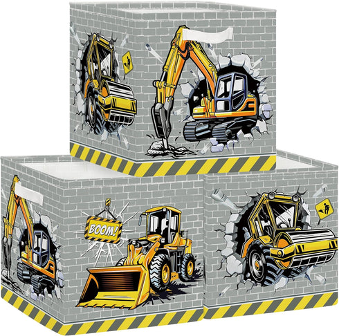 11.8" Construction Vehicles Cube Storage Organizer Set 3Pcs Cars Cube Storage Bin