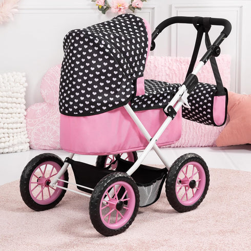 3+ Bayer Foldable Doll Stroller with Storage - Black, Pink & White Hearts Design for Kids