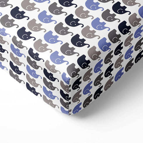 Bacati Elephant Blue, Navy, Grey - 100% Cotton Boys Universal Baby Crib or Toddler Bed Fitted Sheet