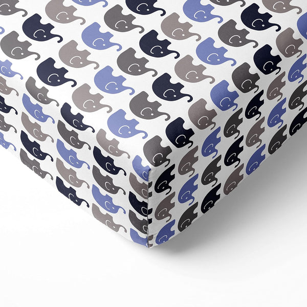 Bacati Elephant Blue, Navy, Grey - 100% Cotton Boys Universal Baby Crib or Toddler Bed Fitted Sheet