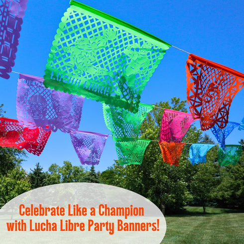 Lucha Libre Mexican Party Decorations, Papel Picado Banner (Plastic, 16-ft) for Birthdays, BBQs, Wrestling Events