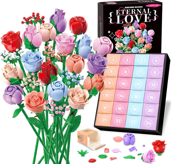 Sopu Colorful Rose Bouquet Flowers Building Set, 24 Boxes 1380Pcs Artificial Flowers