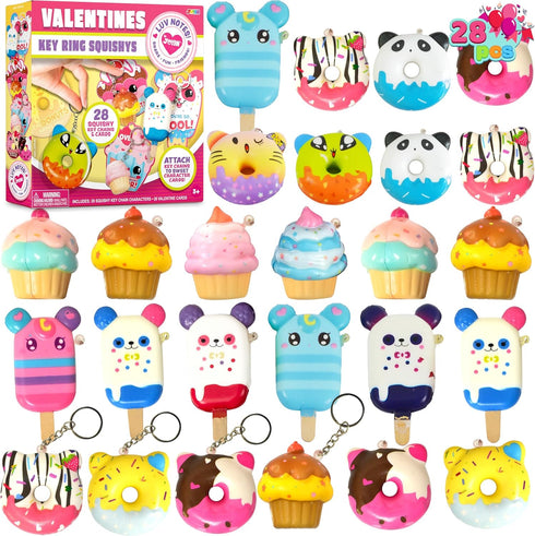 28 Packs JOYIN Valentine Dessert squishy toys Stress Relief Keychains with Cards for Classroom Exchange Prizes, Fidget