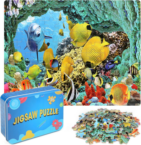 LELEMON 100 Pieces Underwater World Jigsaw Puzzles for Kids Ages 4-8, Dolphins and Fishes Educational Toys