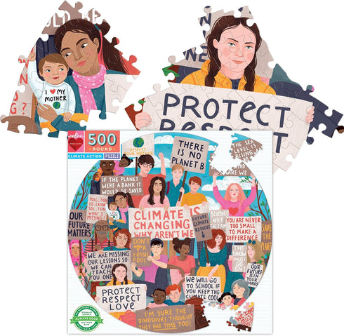 eeBoo Piece and Love Climate Action 500 Piece Round Jigsaw Puzzle for Adults and Families, Glossy Sturdy Pieces.