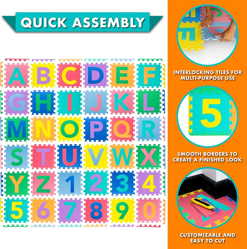 36 12" 12", 123 ProSource Kids Puzzle Alphabet, Numbers, Tiles and Edges Play Mat, by Abc