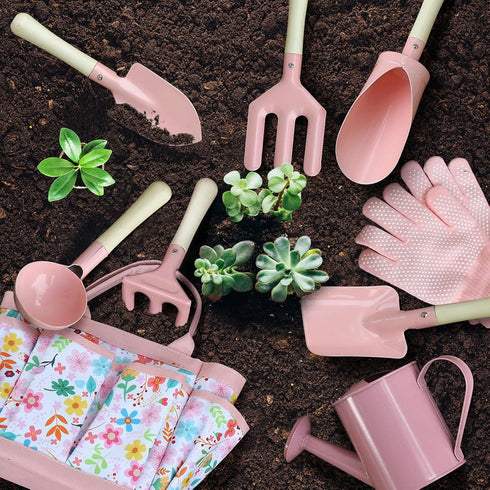Set 14Pcs Qtioucp Kids Gardening Garden Tools with Tote Bag,Watering Can, Shovel, Apron, Garden Book and More
