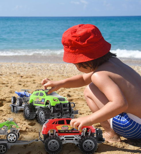Mozlly 2 Sets of Friction Powered Monster Trucks with SUV Towing ATV Trailers - Realistic Truck and Trailer Toys