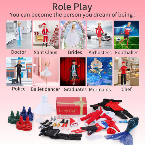 51 Pcs Doll Career Clothes and Accessories. 10 Sets of Role-Playing Clothing(31 Piece) and 10 Pairs of Shoes, 10 Doll Display Stands,for 11.5 inch Doll.Not Random (Styles as Shown,Dolls Not Included)