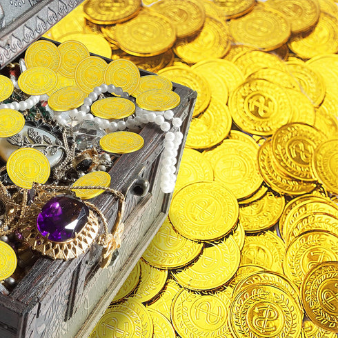100 Count Plastic Gold Coins Set, Pirate Treasure Gold Play Coins for Kids Party Theme Props Decorations