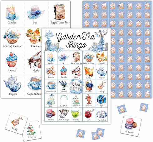 Garden Tea Bingo Game - 24 Players Bingo Card Set for Indoor Outdoor Activities - Tea Party, Bridal Shower, Birthday