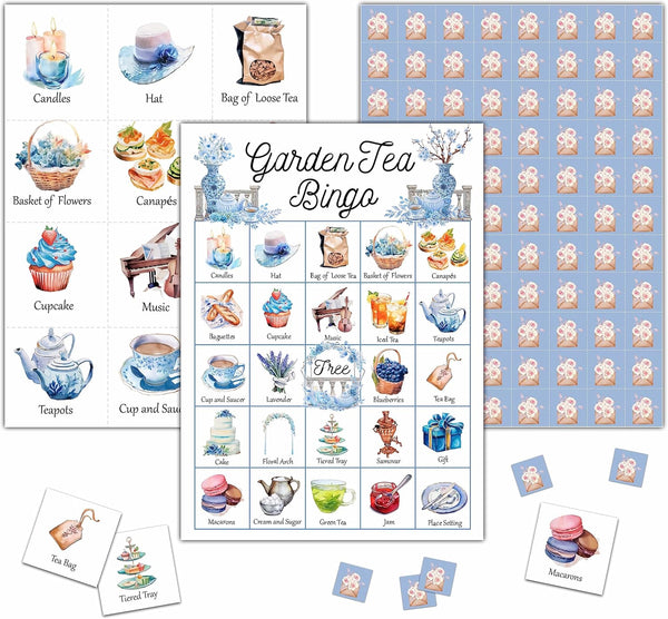 Garden Tea Bingo Game - 24 Players Bingo Card Set for Indoor Outdoor Activities - Tea Party, Bridal Shower, Birthday