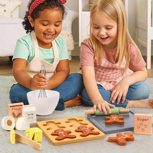 Set, 18 Set 3+ Pillowhale Wooden Gingerbread Cookie Baking Pcs Pretend Play Kitchen Toy with Whisk, Bowl, Tray, Rolling