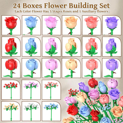 Set, 24 1380Pcs Sopu Colorful Rose Bouquet Flowers Building Boxes Artificial Flowers Botanical Collection Flowers