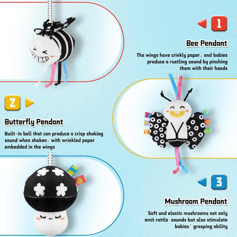 0-6 Spiral Car Seat Toys for Babies, Months Stroller Pram Activity Hanging Toys High Contrast Black and White Sensory