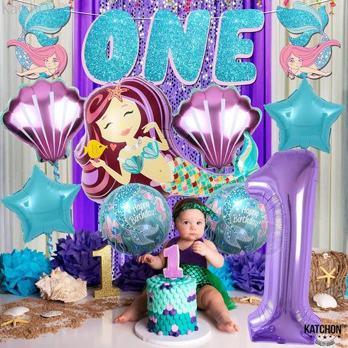 Mermaid First Birthday Decorations for Girl, 40 Inch 1 Balloon, Glitter One Banner for Mermaid Party