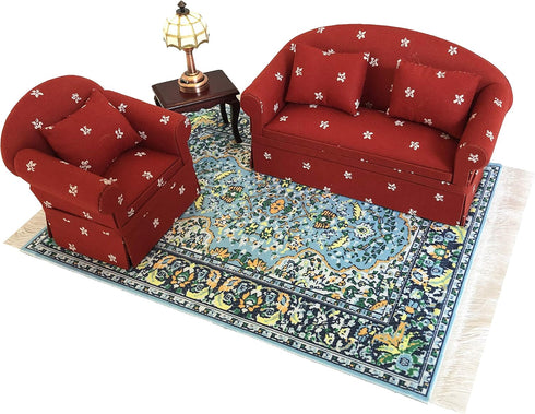 Blue Dollhouse Rug, Miniature Carpet for 3” to 12” Dolls, 10 x 7 Rectangle Toy House Accessory Decor