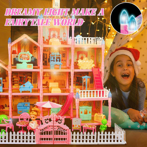Doll House for Girls, 11 Rooms Dollhouse with Dolls, Puppies, Furniture, LED Light, Toddler Playhouse Gift