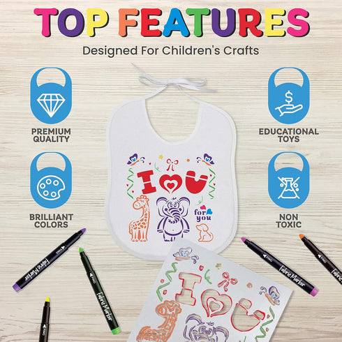Baby Bibs Set - 8 Bibs, 8 Fabric Markers, 8 Stencils, 2 Ply Knit Terry Solid White Feeder Bibs - Baby Gifts Registry