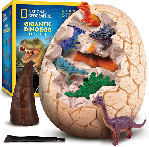 NATIONAL GEOGRAPHIC Jumbo Dinosaur Egg Dig Kit, Dig Out 12 Dino Figures & T. Rex Tooth from Giant Egg