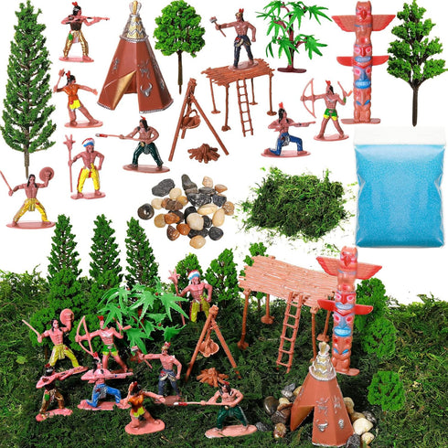 28 Pcs Native American Indians Figures Set - Cowboys Historical Diorama Materials Kit with Mixed Model Trees and Green
