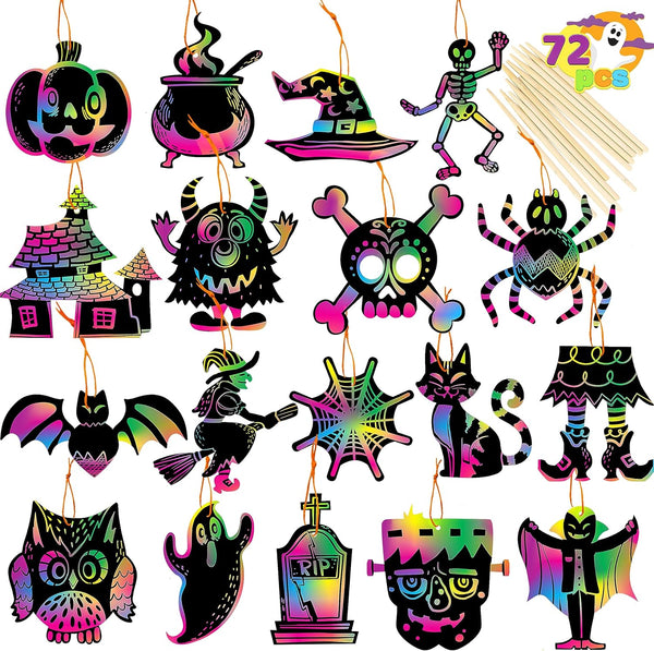 JOYIN 72 Pcs Halloween Rainbow Scratch Art Crafts - Halloween Party Favors, Scratch Off Paper with 18 Designs for Kids
