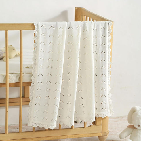 100% Cozy 40x30in Baby Blanket Cotton Knit Swaddle Soft Newborn Receiving Blanket for Boy/Girl Crib,Stroller White