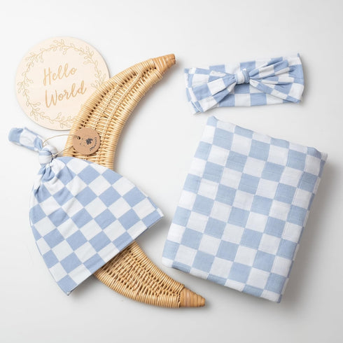 Set, 100% Miaoberry Checkered Muslin Swaddle Organic Cotton, Mist Blue,Checkerboard, Gender-Neutral, with Matching Bow