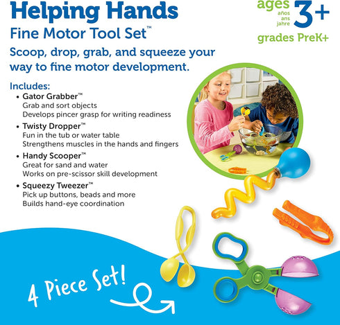 Learning Resources Helping Hands Fine Motor Tool Set Toy, 4 Pieces, Ages 3+, Toddler Tweezers