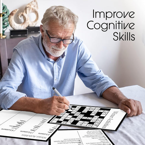 Keeping Busy Crossword Large Print Puzzle for Adults - 6 Reusable Sheets, Clue Guides & Marker for Seniors