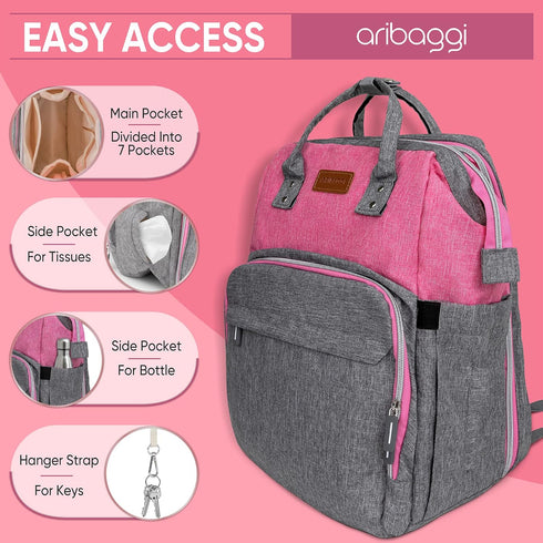 ARIBAGGI Backpack Backpack Grey Pink Baby Diaper Bag with Changing Station for Boy & Girl, Multifunction Large Diaper